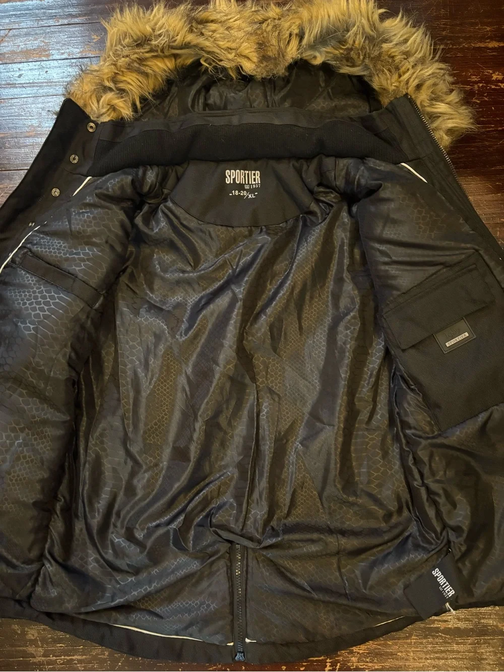 Boys size 18/20 Black Parka winter Jacket with Faux Fur Hood